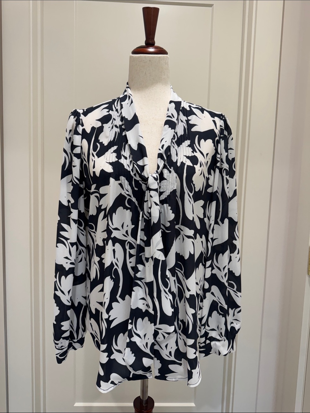J. Crew Navy & White Floral Print Tie-Neck Blouse